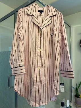 Chaps Pink and Black Striped Button-Front Nightshirt SZ L